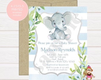 Custom PRINTED 4.25X5.5 Watercolor Blue Gray Boy Elephant Baby Shower Invitation, kraft or white envelope, FREE SHIPPING