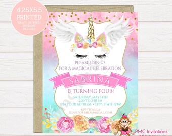 Custom PRINTED 4.25X5.5 Watercolor Pink Floral, Unicorn Face Birthday Invitation, kraft or white envelope included