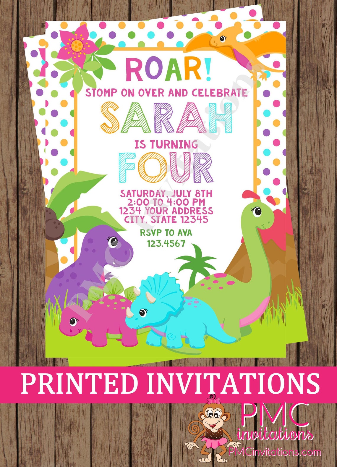 Custom PRINTED Girl Dinosaur Birthday Invitations 1.00 each Etsy