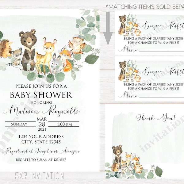 Custom Printed 5X7 Woodland Baby Shower Invitation, Watercolor Baby Woodland, Gender Neutral Baby Shower, Eucalyptus Greenery