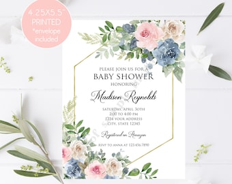 Custom PRINTED 4.25X5.5 Greenery, Gender Neutral, Pink and Blue Floral, Eucalyptus Baby Shower invitation, Gold, envelope included