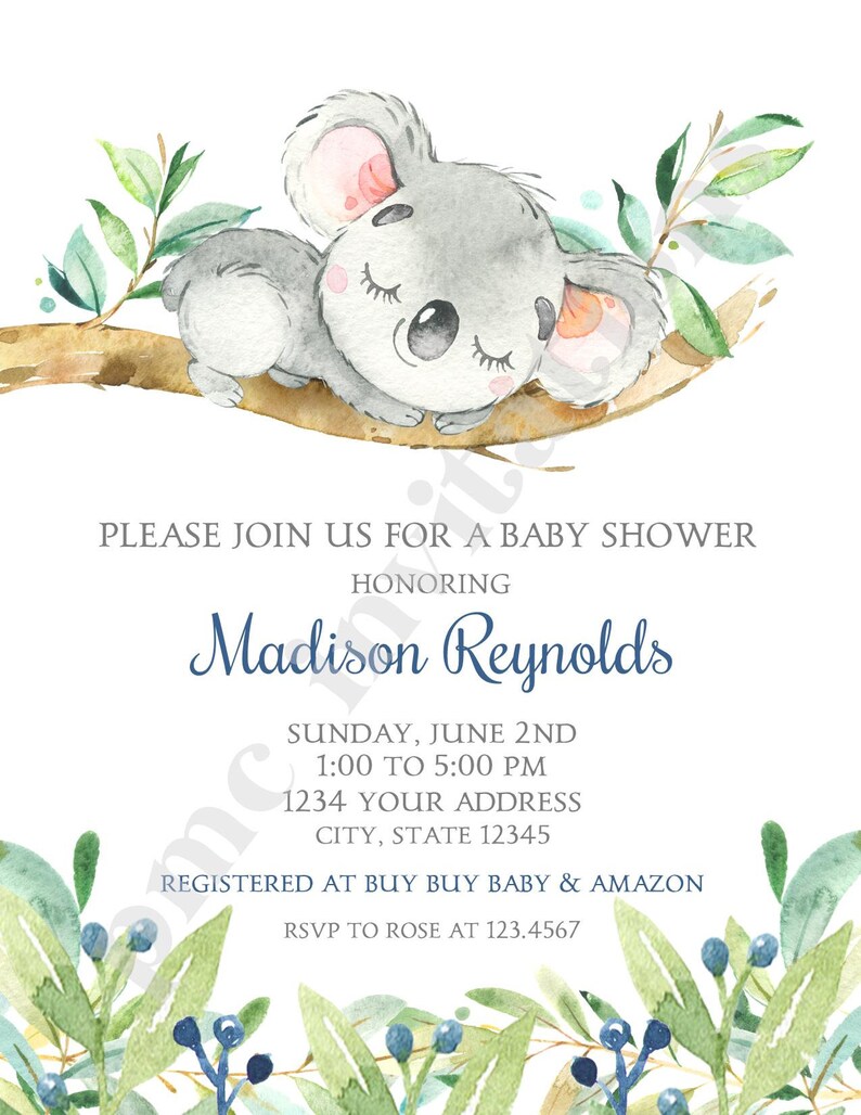 Custom PRINTED 4.25X5.5 Watercolor Koala Baby Shower Girl Etsy