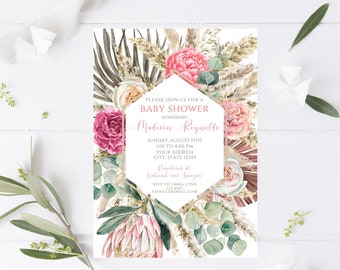 Boho, Pampas Grass, Floral Boho Baby Shower Invitation, Pampas Grass Baby Shower Invitation, Printed Boho Baby Shower