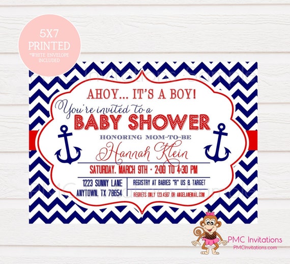 custom printed chevron nautical anchor baby shower invitations - 1.00 each  with envelope