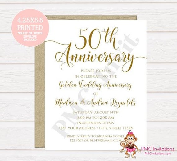 Custom PRINTED 4.25X5.5 - 50th Wedding Anniversary Invitation - Golden Anniversary - Anniversary Invitation - white/kraft envelope included Il_570xn