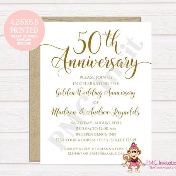 Custom PRINTED 4.25X5.5 - 50th Wedding Anniversary Invitation - Golden Anniversary - Anniversary Invitation - white/kraft envelope included