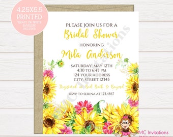 Custom PRINTED 4.25X5.5 Watercolor Sunflower Floral, Bridal Shower, Baby Shower, Invitation, Envelopes included