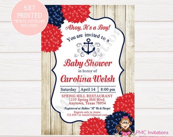 Custom Printed Floral, Ahoy, It's a Boy, Red Blue, Nautical Baby Shower Invitations - 1.00 each with envelope