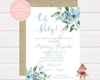 Custom Printed 5X7" Greenery Blue Floral Baby Shower Invitation, Watercolor Blue Floral Greenery Baby Shower Invitation, Envelopes included