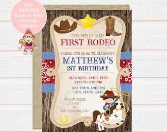 Custom PRINTED First Rodeo Birthday Invitation, Cowboy, First Rodeo, Invitation - 1.00 each with envelope