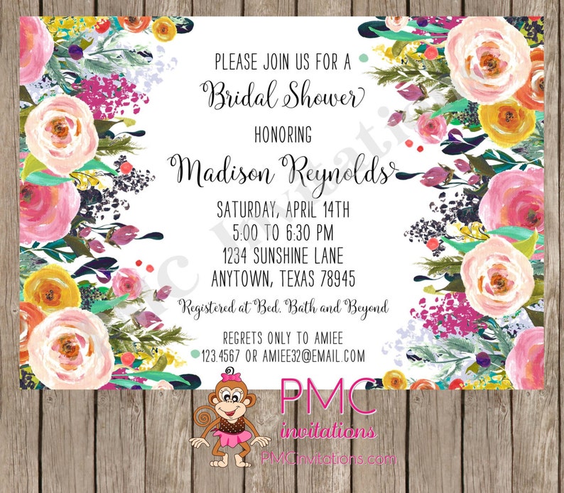 Custom Printed Floral Watercolor Bridal Shower Invitations Watercolor Floral Invitation 1.00 each with envelope image 1