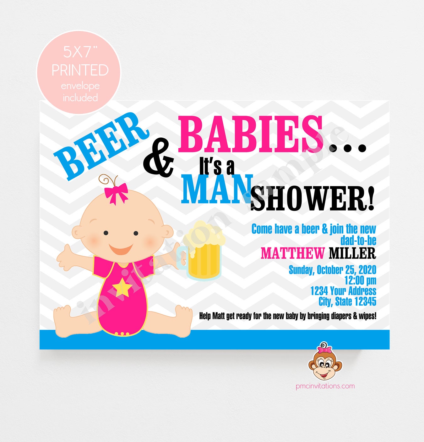PRINTED Man Baby Shower Invitations, Beer and Babies Diaper Party Invitation, Man Baby Shower Invitation, envelopes included