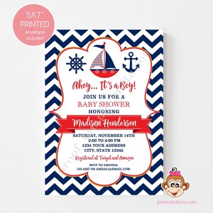 Nautical Baby Shower Invitations, Navy Blue and Red Nautical Baby Shower, Anchor, Sailboat, Chevron Nautical Baby Shower with envelopes image 3