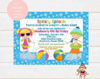 Custom Printed Winter Pool Birthday Party Invitations - 1.00 each with envelope