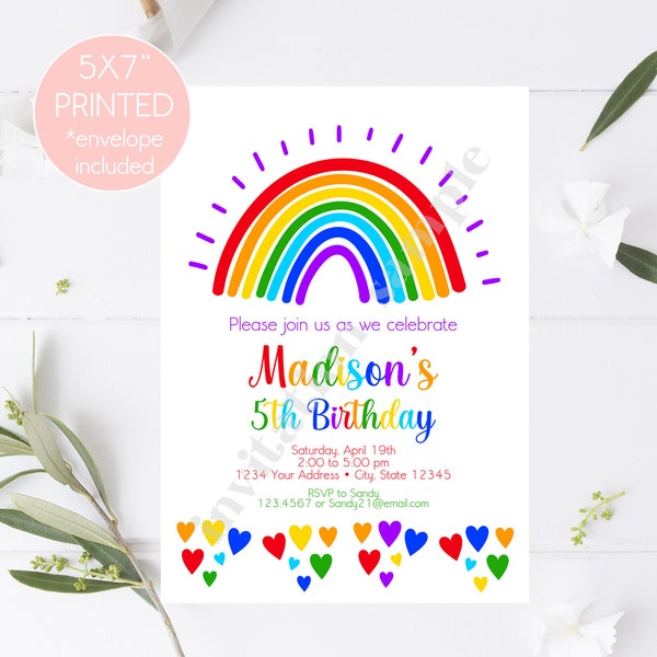 PRINTED 5X7" Rainbow Birthday Invitation, Colorful Rainbow Birthday Invitation, Birthday Invitation, envelopes included
