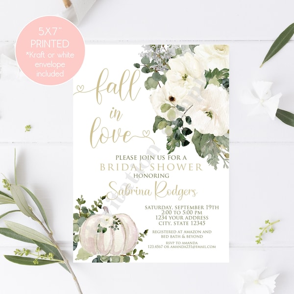 Custom Printed 5X7" Fall in Love Bridal Shower Invitations, Autumn Fall In Love Floral Pumpkin Bridal Shower Invitation, with envelopes