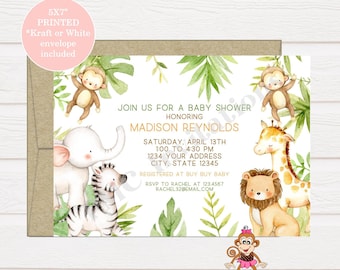 Custom Printed 5X7 Jungle, Watercolor, Wild Animals, Safari Baby Shower Invitation, Jungle Baby Shower Invitations - 1.00 each with envelope