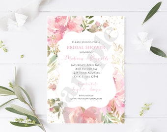 Custom Printed 5x7" Pink Floral Bridal Shower Invitation, Pink Gold Floral Bridal Shower Invitation, Bridal Shower Invitations