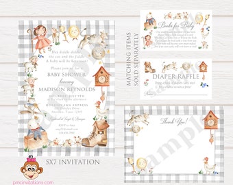 PRINTED Nursery Rhyme Baby Shower Invitation - Cow Jumped Over the Moon, Hey Diddle Diddle, The Cat and the Fiddle, envelopes included