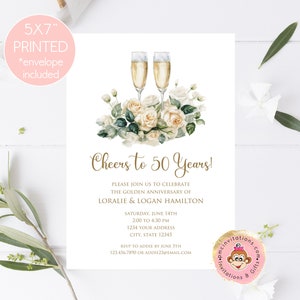 Printed/Shipped 5X7" 50th Anniversary Invitations, Champagne Cheers to 50 Years, Anniversary Party Invitation 50th Wedding Anniversary