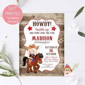 Cowgirl Birthday Invitations, Cowgirl, Western, Cowgirl and horse birthday invitation, 5X7 Printed with envelopes