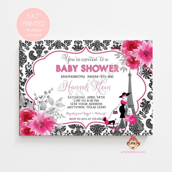 Custom PRINTED 5X7 Damask Paris Baby Shower Invitation, Pink Floral Paris Invitation, Eiffel Tower - envelopes included
