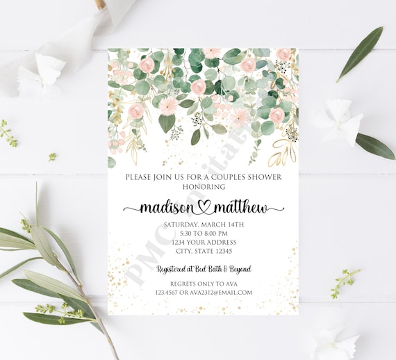 Custom Printed 5x7" Greenery Floral Couples Shower Invitation, Blush Pink, Gold, Eucalyptus Floral Co ed Shower Invitation, Bridal Shower Il_570xn