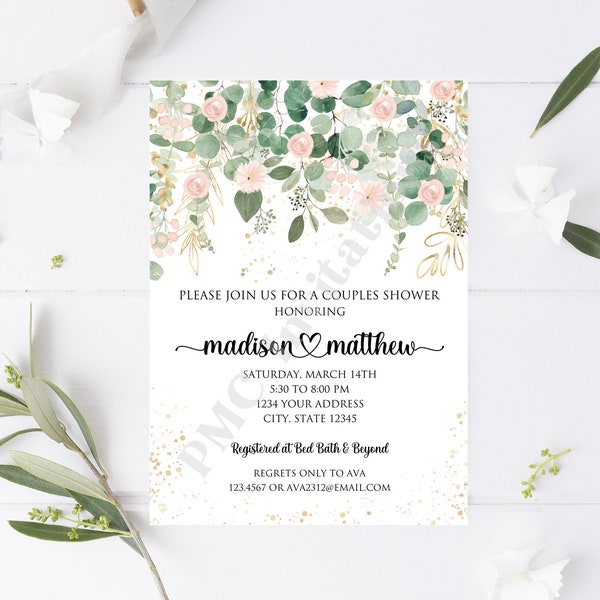 Custom Printed 5x7" Greenery Floral Couples Shower Invitation, Blush Pink, Gold, Eucalyptus Floral Co ed Shower Invitation, Bridal Shower