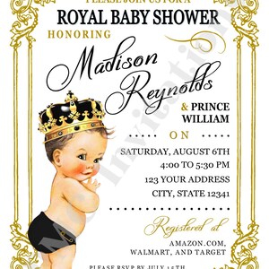Custom Printed Black and Gold Shabby Chic, Vintage, Select hair/skin color, Royal Prince Baby Shower Invitation 1.00 each w/envelope image 2