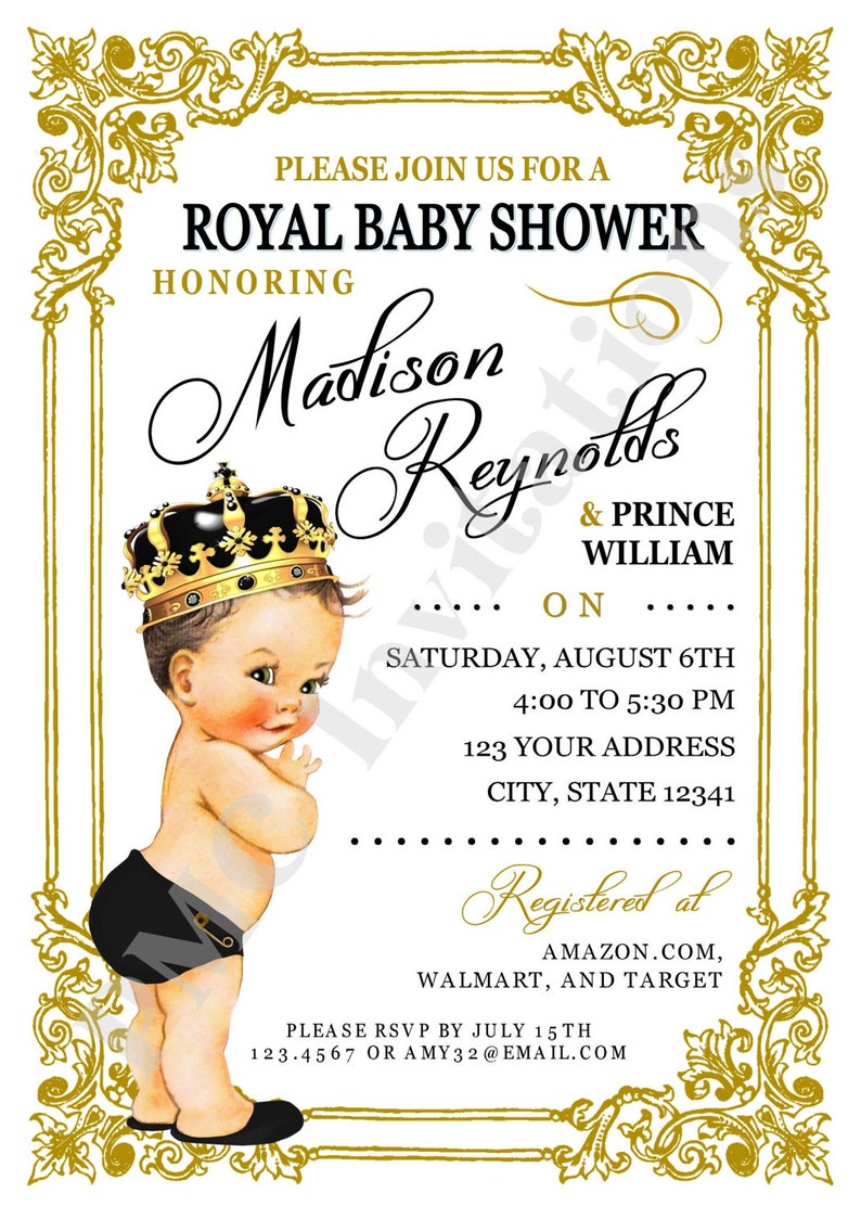 Custom Printed Black and Gold Shabby Chic, Vintage, Select hair/skin color, Royal Prince Baby Shower Invitation 1.00 each w/envelope image 2