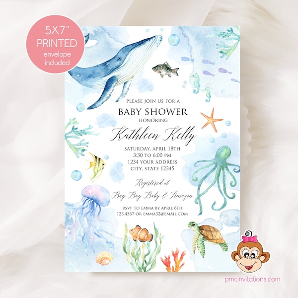 Under the Sea, Ocean, Baby Shower Invitation, Sea creatures, Ocean, Under the Sea Baby Shower Invitations, Printed Invitation, with envelope