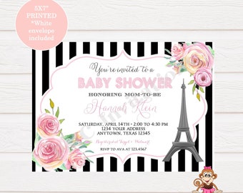 Custom PRINTED 5X7" Paris Baby Shower Invitation, Pink Floral Paris Invitation, Eiffel Tower - 1.00 each with envelope