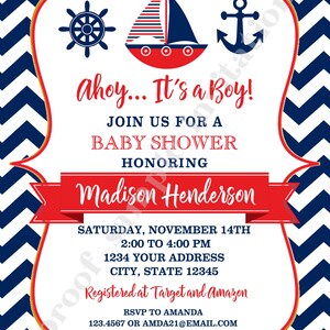Nautical Baby Shower Invitations, Navy Blue and Red Nautical Baby Shower, Anchor, Sailboat, Chevron Nautical Baby Shower with envelopes image 4