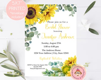 Custom Printed 5x7" Sunflower Bridal Shower Invitation, Watercolor Sunflower, Eucalyptus, Bridal Shower Invitation, Floral Bridal Shower