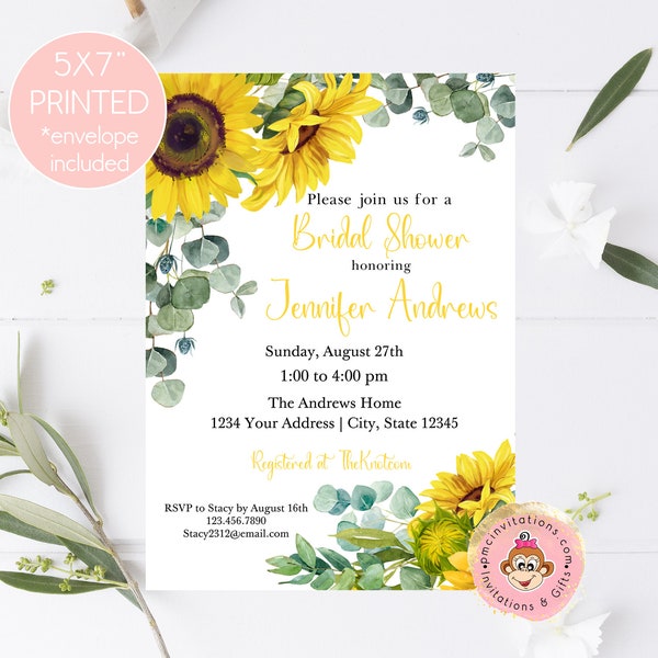 Custom Printed 5x7" Sunflower Bridal Shower Invitation, Watercolor Sunflower, Eucalyptus, Bridal Shower Invitation, Floral Bridal Shower