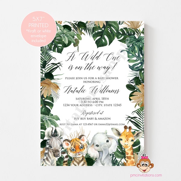 PRINTED 5x7" Safari Baby Shower Invitation, Jungle Baby Shower Invites, Safari Baby Animals Baby Invite, with envelopes