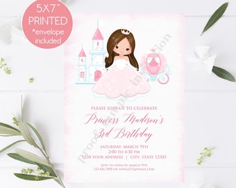 Printed, Princess Birthday Invitations, 5X7", Royal Birthday, Pink Princess Birthday Invitations, Castle, Select hair color, with envelopes