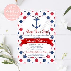 PRINTED Nautical Baby Shower Invitation, Red Navy Nautical Anchor Baby Shower, Ahoy It&#39;s a Boy, envelopes included