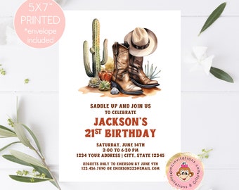 Custom PRINTED 5X7" Country Western Invitation, Rustic Western, Cowboy Hat and Boots, Adult Birthday Invitations, envelopes included