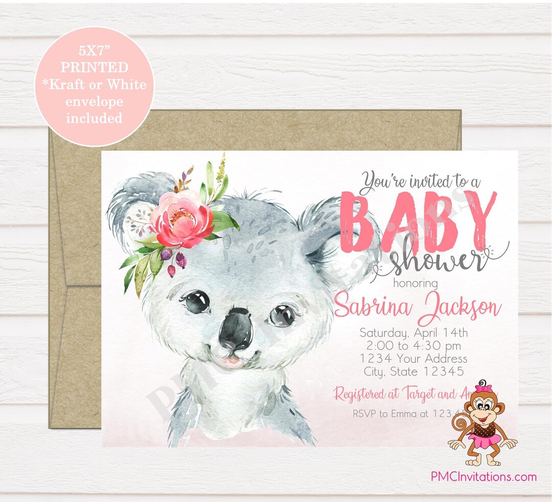 Custom PRINTED Watercolor Koala Baby Shower Invitation, Girl Koala Bear ...