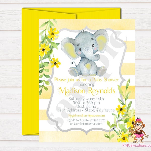 Custom PRINTED 4.25X5.5 Watercolor Yellow Elephant, Baby Shower, Elephant Baby Shower Invitation, Gender Neutral, envelopes included