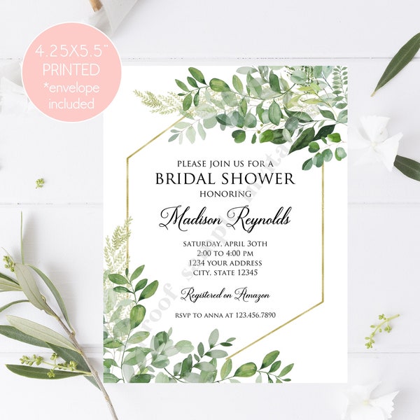 Custom PRINTED 4.25X5.5 Greenery, Boho, Eucalyptus Bridal Shower invitation, Gold, New Bride, kraft or white envelope included