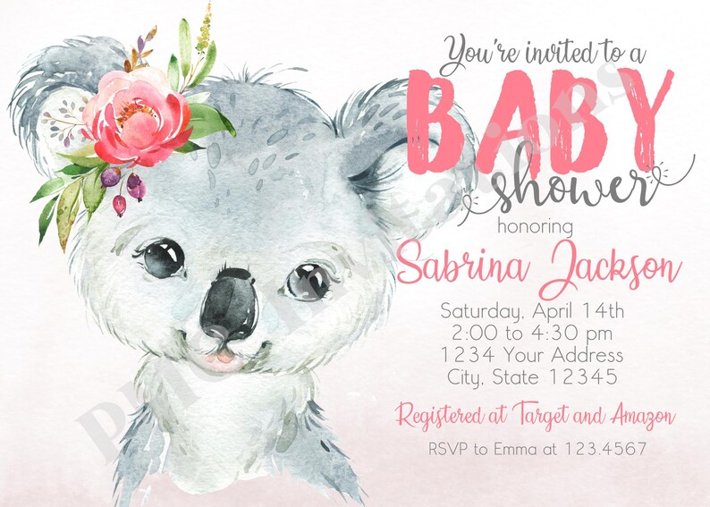Custom PRINTED Watercolor Koala Baby Shower Invitation Girl - Etsy