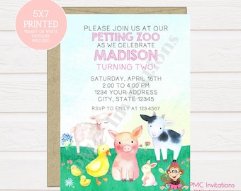 Custom PRINTED Farm, Barn, Petting Zoo Birthday Invitation, Boy or Girl Petting Zoo Birthday Invitation - 1.00 each with envelope