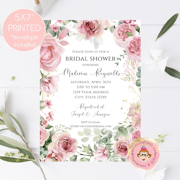 Custom Printed 5x7" Greenery Floral Bridal Shower Invitation, Blush Pink, Gold, Dusty Rose, Eucalyptus Floral Bridal Shower Invitation