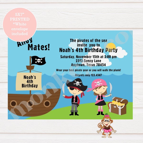 Custom Printed Pirate Birthday Invitations, Boy and Girl Pirate Birthday Invitation - envelopes included