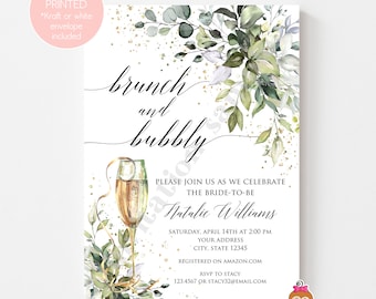 Custom Printed 5x7" Brunch and Bubbly Greenery Bridal Shower Invitation, Eucalyptus, Gold, Bridal Shower Invitation with envelopes