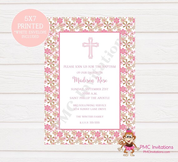 Custom Printed Pink Floral First Communion Baptism Christening Invitations - 1.00 each with envelope Il_570xn