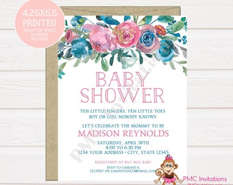 Custom PRINTED 4.25X5.5 Watercolor Pink Blue Floral, Gender Neutral,  Ten little Fingers Baby Shower, Invitation, kraft or white envelope