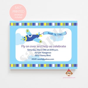 Custom PRINTED 5X7 Airplane Birthday Invitations, Plane Birthday, envelopes included image 1